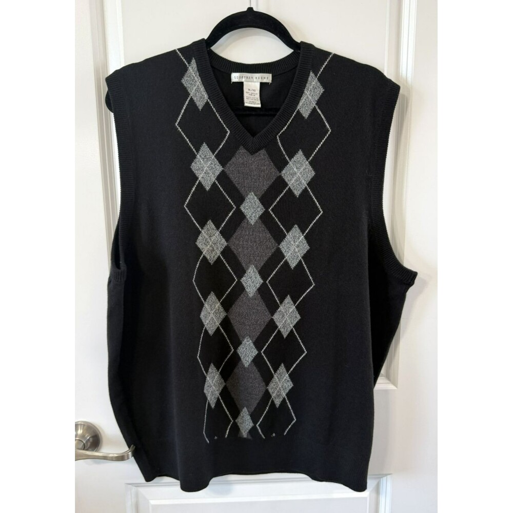 Golf Sweater Vest Men XL Sleeveless Black Grey Argyle Preppy Geoffrey Beene